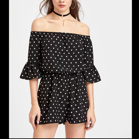 Francesca’s Blue Rain Off Shoulder Dot Romper - Picture 1 of 6
